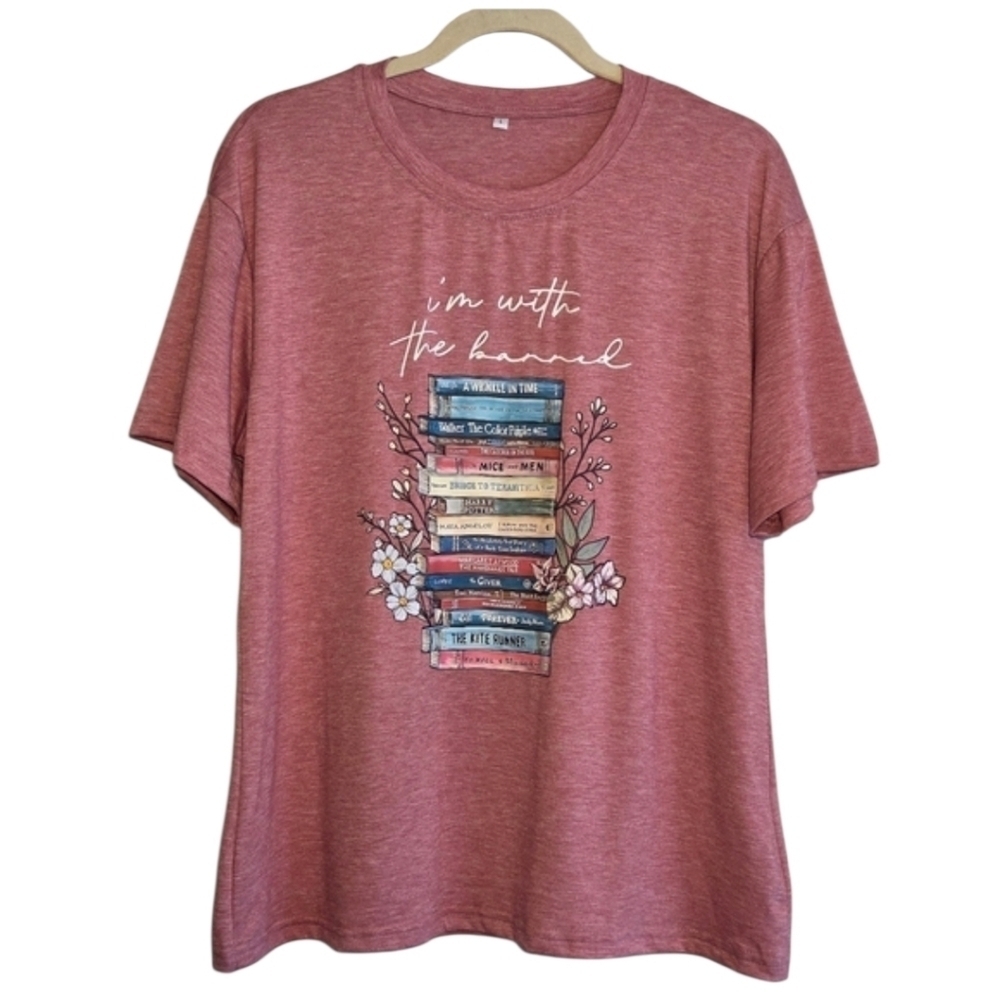 I'm With the Banned Short Sleeved T-shirt Sz L Novelty Print Books Reading